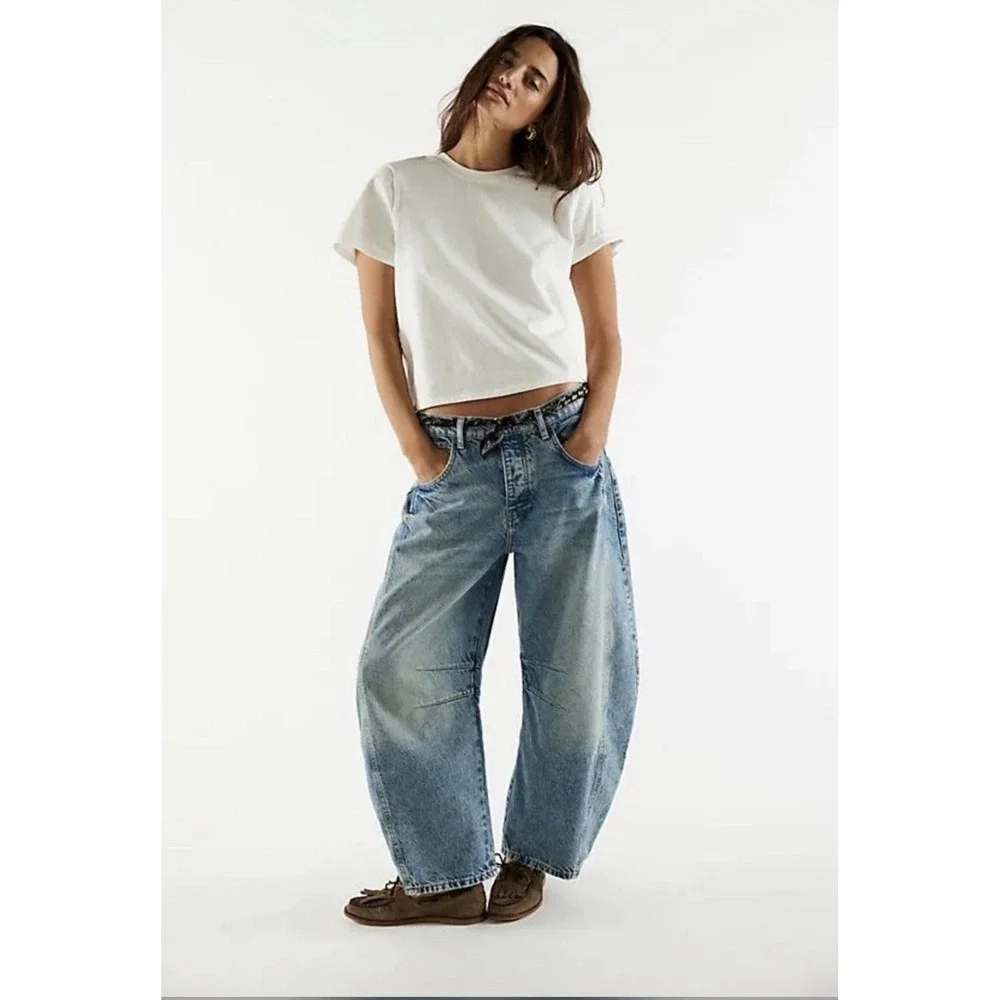 New Free People Good Luck Mid-rise Barrel Jeans Sz 25 Light Beam Jeans Distress